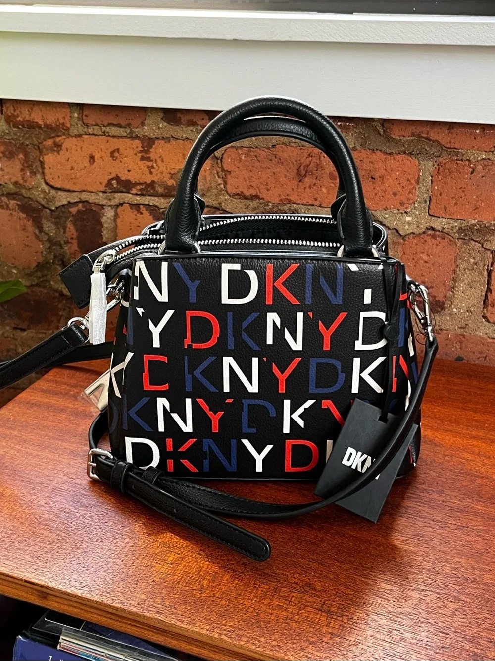 DKNY Black Satchel with Red, White & Blue Logo Print